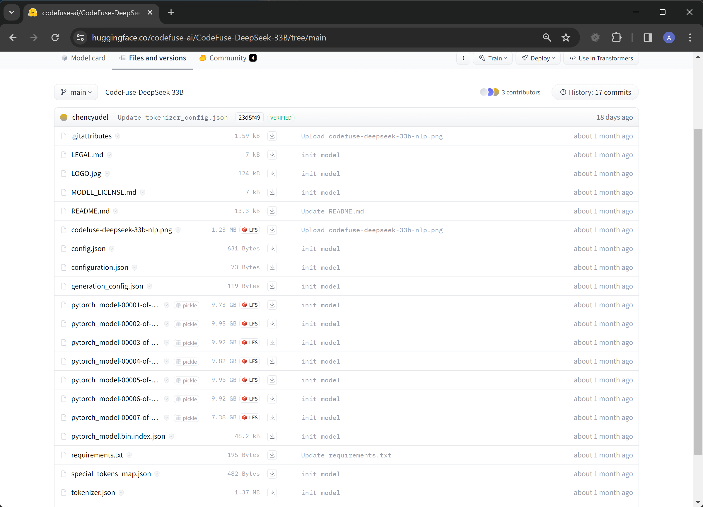Screenshot of Huggingface CodeFuse-DeepSeek-33B Repo