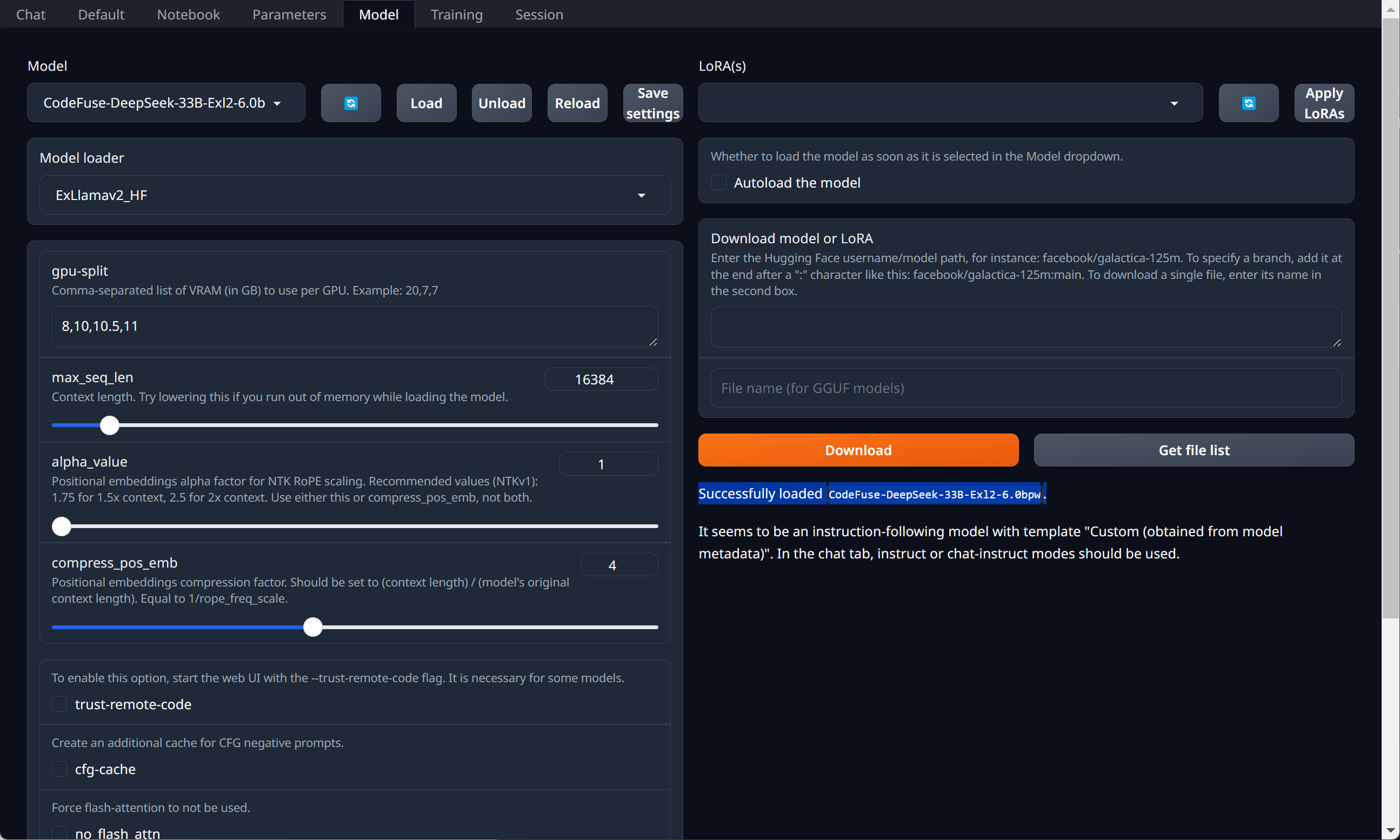 Loaded Model In Text generation web UI
