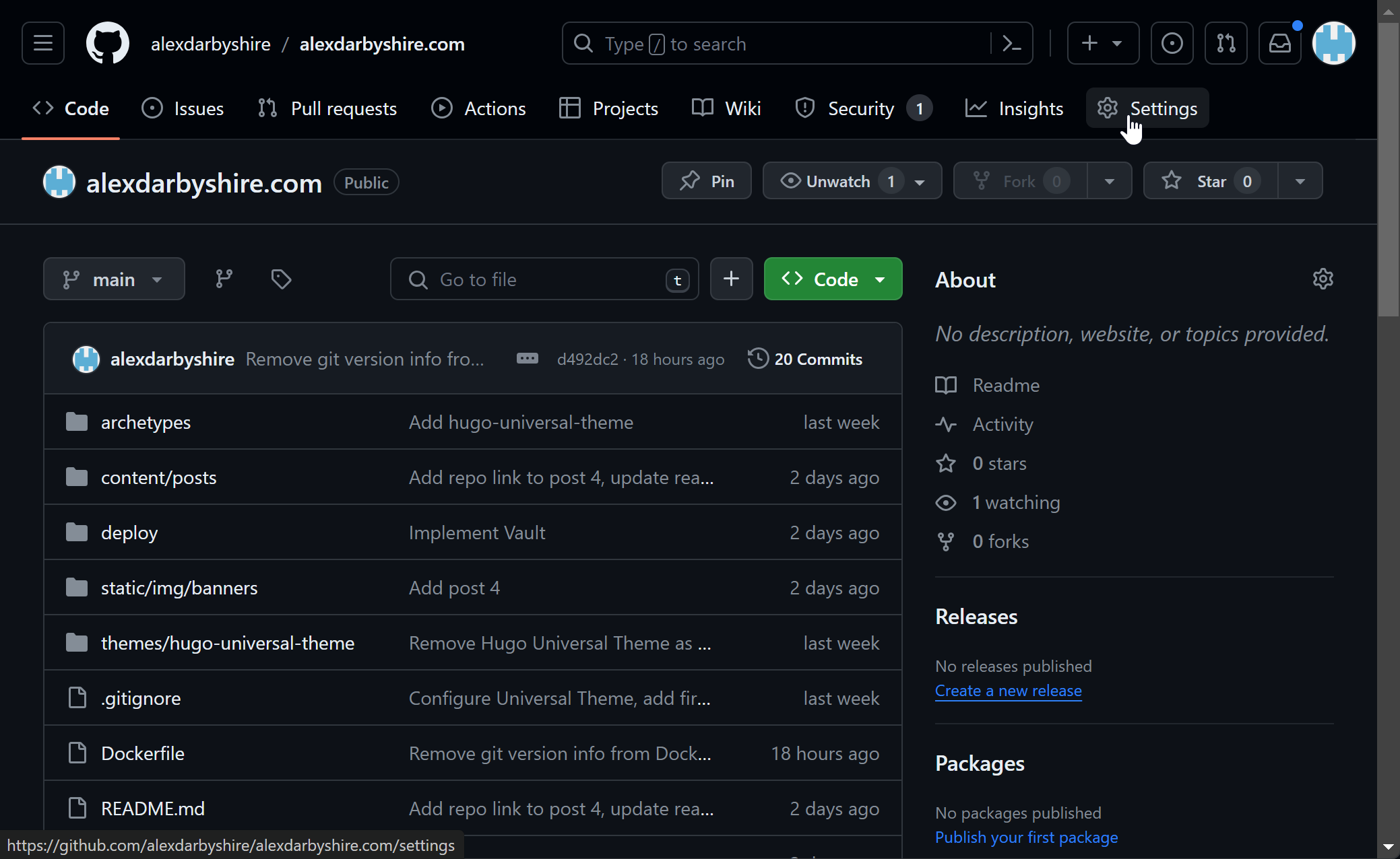 Click settings in GitHub repo