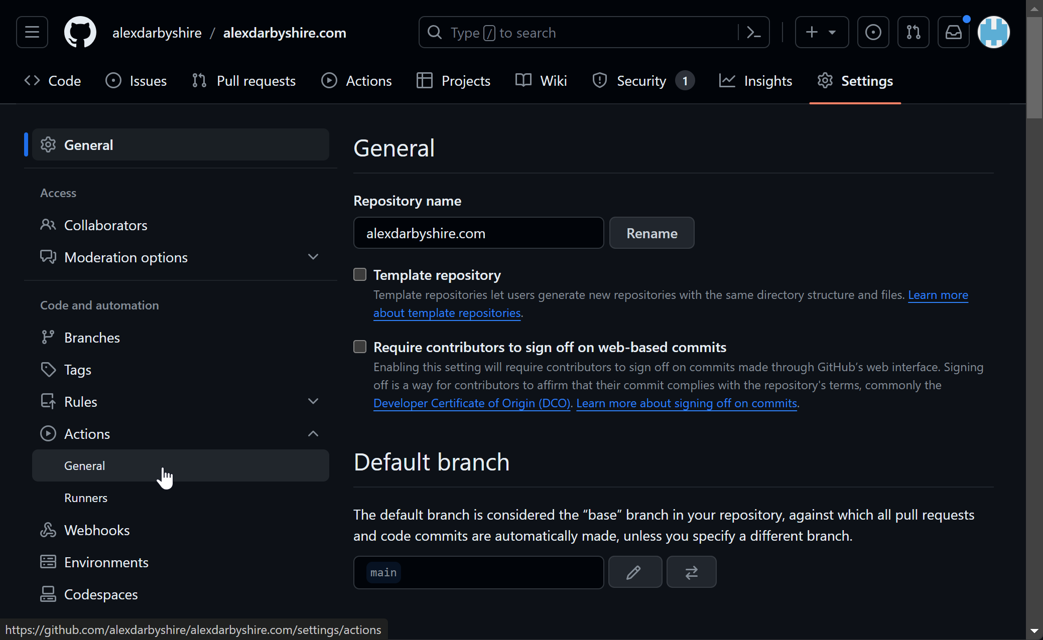 Click Actions General in GitHub repo