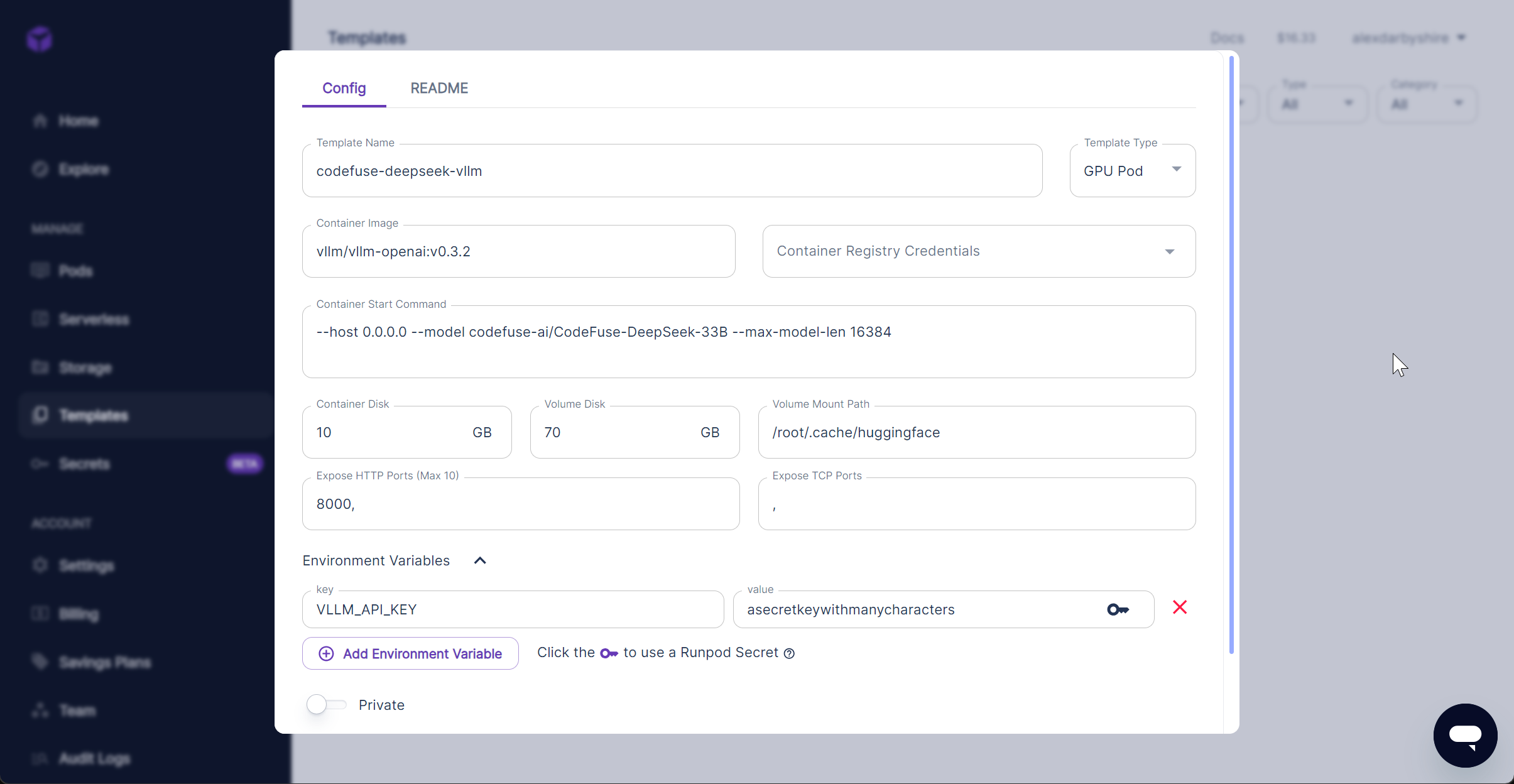 Configure Runpod Template Screenshot